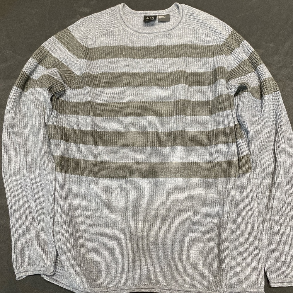 Armani Exchange Men's Gray and Olive Striped Crewneck Sweater